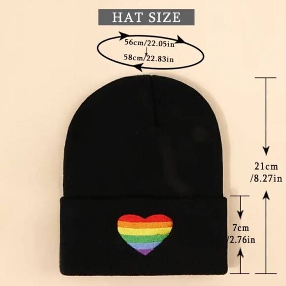 LGBT Pride Rainbow Heart Embroidered Black Beanie Skull Cap - Picture 3 of 3